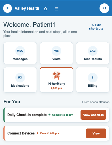 Synthetic patient portal showing IH-horMONY rewards, a daily check-in, and a connected-device task