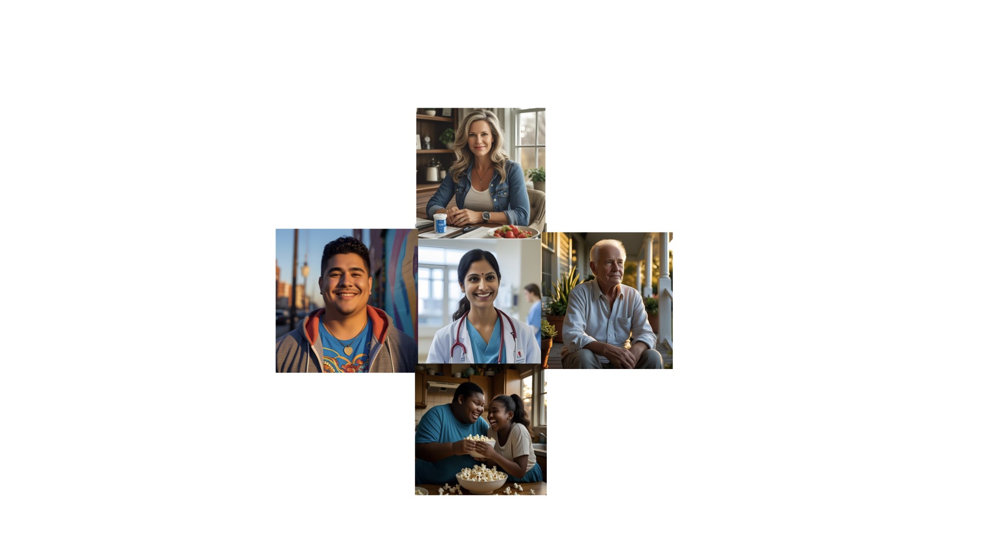 Illustrative collage of patients, family members, and a physician